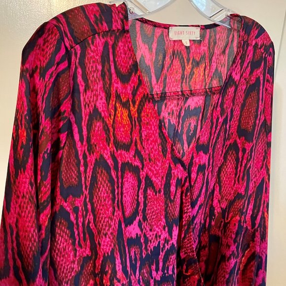 Eight Sixty Pink/Blue Snake Print Long Bell Sleeve Wrap Front V Neck Blouse S - Picture 4 of 9